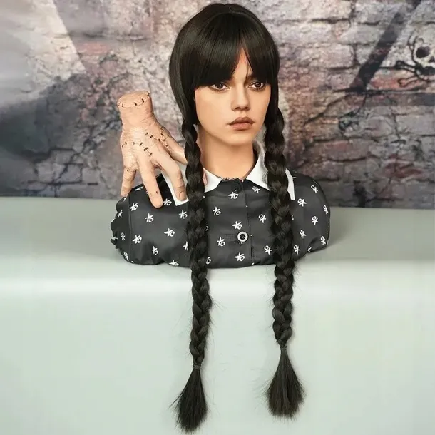 PERUKA WŁOSY CZARNE WARKOCZ TRESKA SUKNIA STRÓJ PRZEBRANIE WEDNESDAY ADDAMS