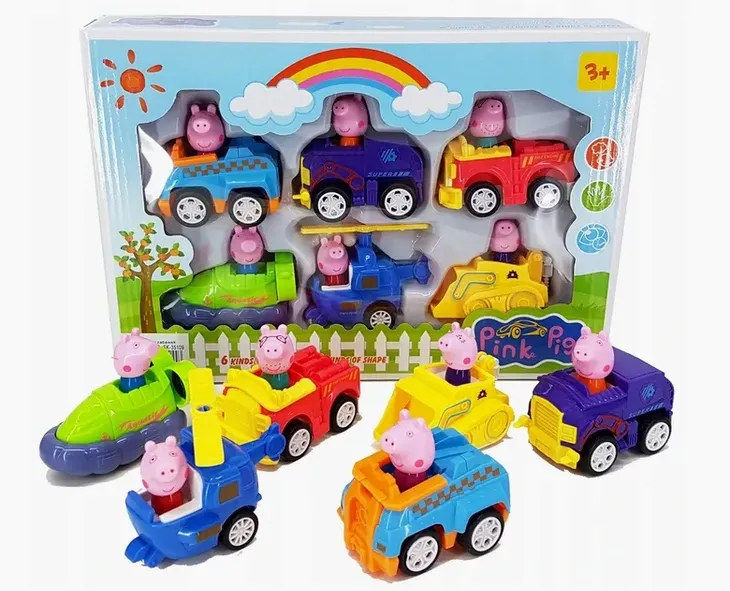 AUTKA Z NAPĘDEM ŚWINKA PEPPA PEPA FIGURKI SAMOCHODY POJAZDY RODZINKA 6szt