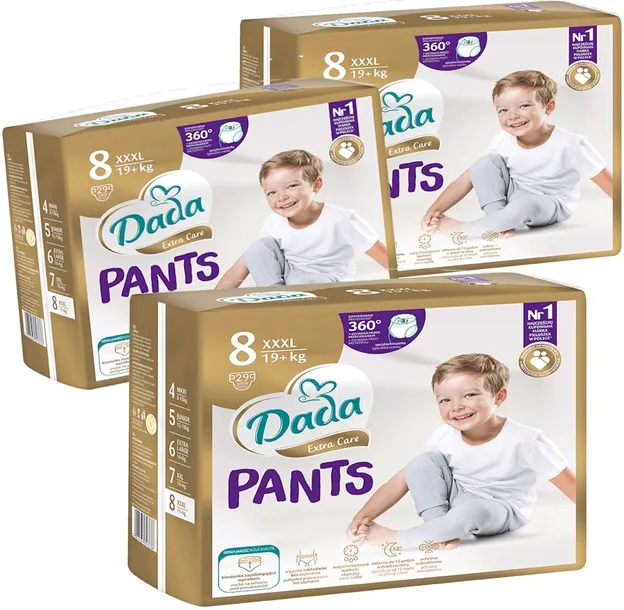 DADA PANTS 8 XXXL PIELUCHOMAJTKI EXTRA CARE PAMPERSY 2x29=58 szt. NOWOŚĆ !!!!!!