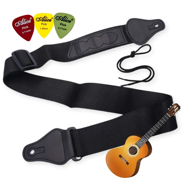 PASEK DO GITARY PAS GITAROWY Z UCHWYTAMI NA KOSYKI CZARNY TAŚMA + 3 KOSTKI