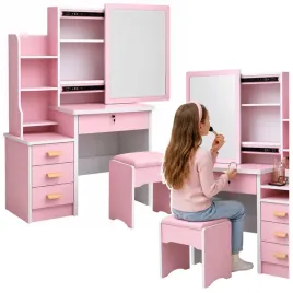 toaletka-kosmetyczna-z-lustrem-szuflady-polki-taboret-rozowa-130x80x36-cm