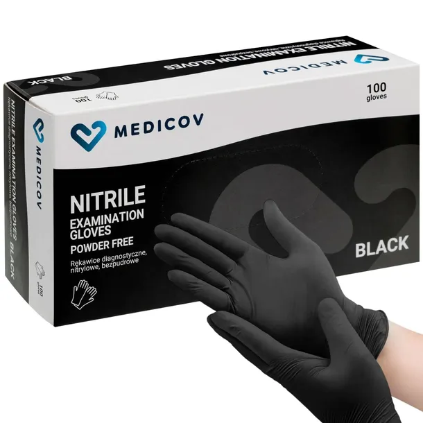 RĘKAWICE RĘKAWICZKI NITRYLOWE CZARNE BEZPUDROWE MEDICOV BLACK 100 SZT M