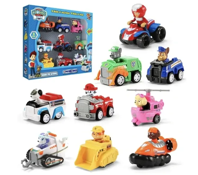 PSI PATROL POJAZDY AUTKA Z NAPĘDEM FIGURKI PAW PATROL PIESKI 9 SZT. PREZEN