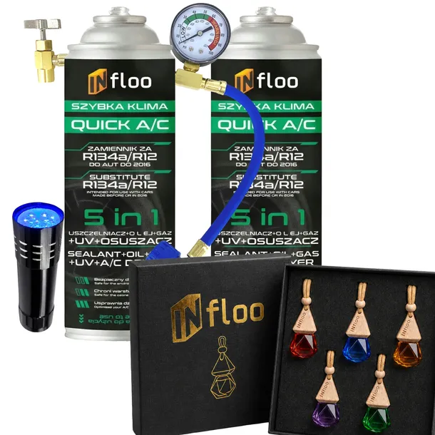 2x CZYNNIK CHŁODNICZY R134 a INFLOO 5w1 GAZ DO KLIMY + PRZEWÓD + LATARKA