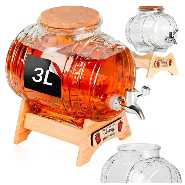 Beczka szklana z kranikiem 3L beczułka antałek karafka do whisky nadrukiem