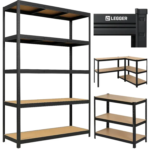 REGAŁ MAGAZYNOWY METALOWY LEGGER - CZARNY - UDŹWIG 1000 KG - 205x120x45 CM