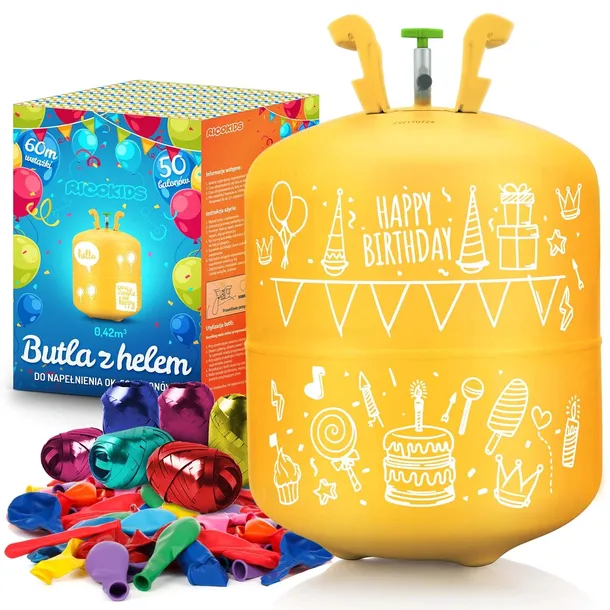 Butla z helem 0,42 m3 + balony x50 wstążka 60m hel do balonów
