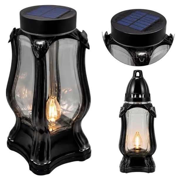 Znicz Solarny LED Szklany Kapliczka Znicze Na Cmentarz Grób 25cm LS4 GRAFIT