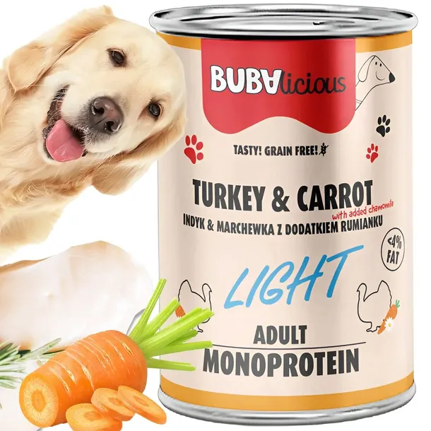 MONOBIAŁKOWA BEZZBOŻOWA BUBAlicious Light Mono karma dla psa 400 g Indyk
