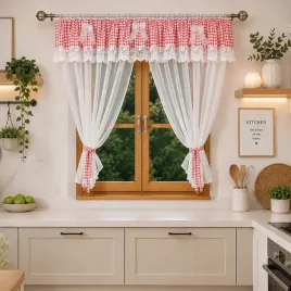 firanka-do-kuchni-150x400-czerwona-kratka-etamina-kokardki-gipiura-400x150