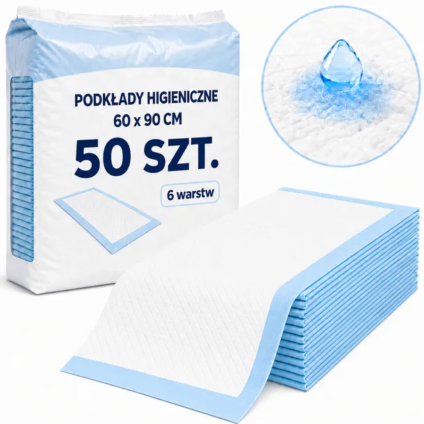 PODKŁADY HIGIENICZNE CHŁONNE 90x60 6-warstw 50szt MATY DLA DZIECI SENIORÓW
