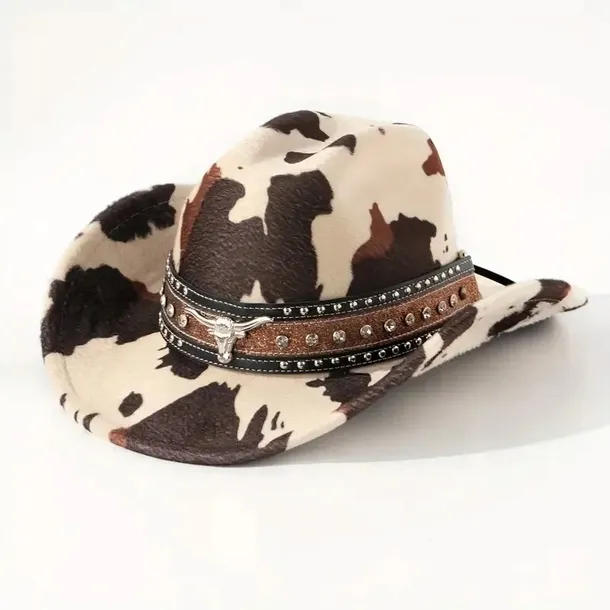 Kapelusz kowbojski ŁATKI KROWA Texas fedora głowa byka nity western retro