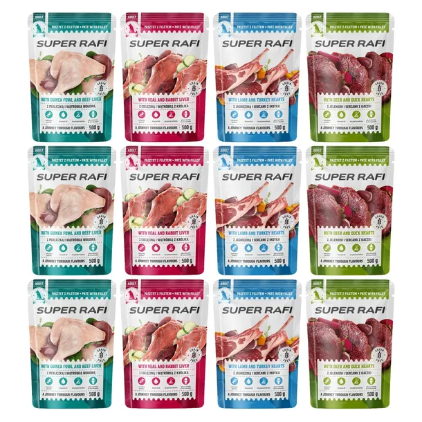 SUPER RAFI mokra karma PASZTET DLA PSA 12x500G MIX SMAKÓW SASZETKI