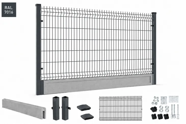 Ogrodzenie Panelowe 3D 123x250 cały zestaw z podmurówką 25cm antracyt 4mm