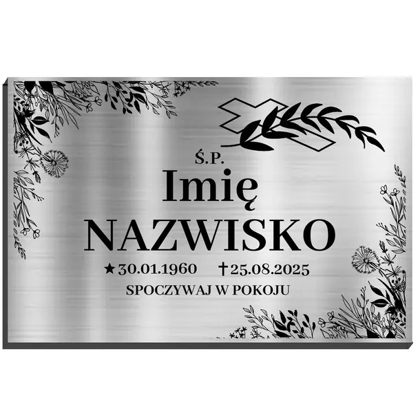TABLICZKA NAGROBKOWA NAGROBNA NA GRÓB SREBRNA 32X21 IMIĘ NAZWISKO SPOCZYWAJ