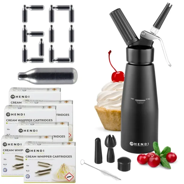 Syfon do bitej śmietany 0,5 l czarny zestaw z 60 nabojami N2O Hendi 588420_588208_6
