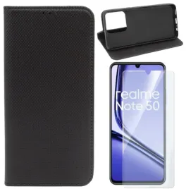 etui-do-realme-note-50-case-obudowa-pokrowiec-smart-magnet-czarne-i-szklo