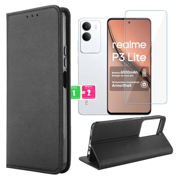 Etui do Realme P3 Lite Case Pokrowiec Obudowa Smart Magnet czarny i Szkło