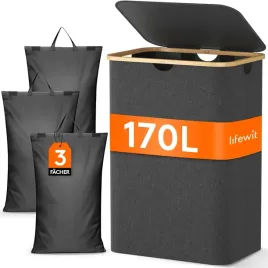kosz-na-pranie-skladany-170-l-z-3-workami-i-pokrywa-ciemnoszary