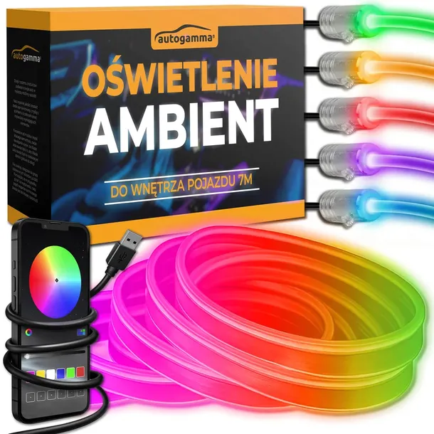 Oświetlenie Ambient Wnętrze Pojazdu Auta LED RGB 7 m Aplikacja Pilot