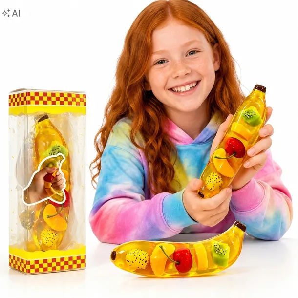 Gniotek Banan Antystresowy Żelowy Squishy z Owocami SENSORYCZNY W PUDEŁKU