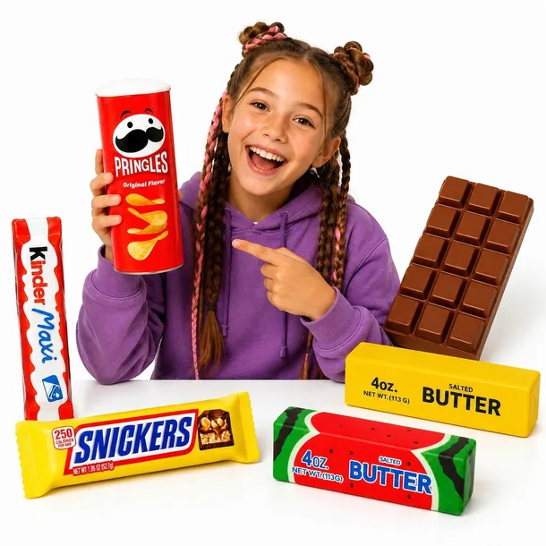 Gniotki Squishy 6w1 Zestaw Słodycze Masło Pringles Snickers Kinder ForKids