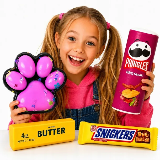 Zestaw 4w1 Gniotki Antystresowe Squishy Masło Batonik Kocia Łapka Puszka