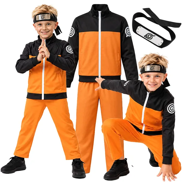 KOSTIUM NARUTO UZUMAKI ANIME STRÓJ NINJA PRZEBRANIE KARNAWAŁ OPASKA 146/152