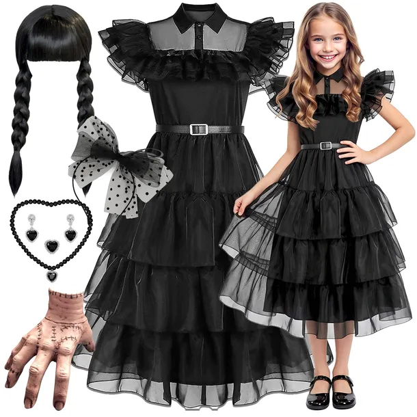 STRÓJ KARNAWAŁOWY WEDNESDAY SUKIENKA PERUKA KOSTIUM HALLOWEEN BAL 142 / 148