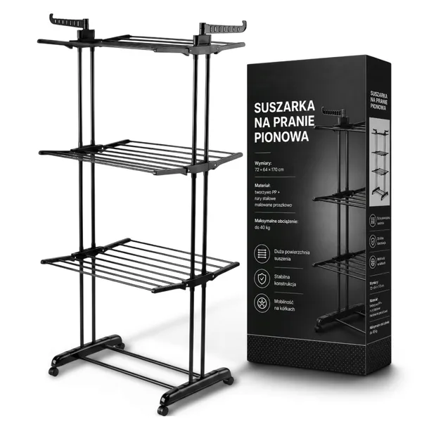 SUSZARKA NA PRANIE ROZSUWANA DUŻA XXL 60KG UBRANIA STOJĄCA SKŁADANA CZARNA