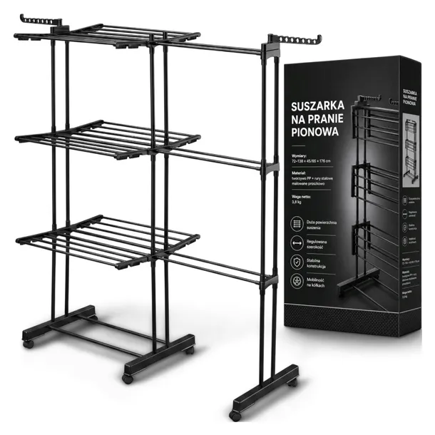 SUSZARKA NA PRANIE ROZSUWANA DUŻA XXL 60KG UBRANIA STOJĄCA SKŁADANA CZARNA