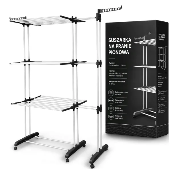 SUSZARKA NA PRANIE ROZSUWANA DUŻA XXL 60KG UBRANIA STOJĄCA SKŁADANA CZARNA