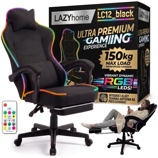 Fotel gamingowy tkanina kubełkowy krzesło biurowe Podnóżek + Masaż + LED