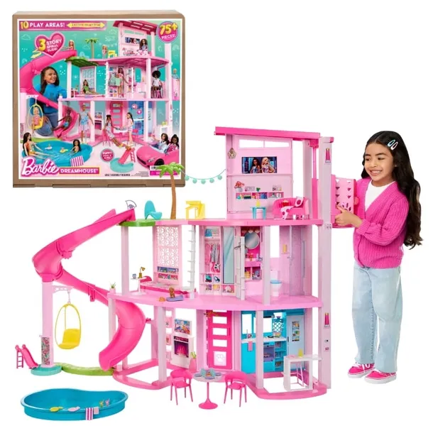 BARBIE DOMEK DLA LALEK DREAMHOUSE ZE ZJEŻDŻALNIĄ I WINDĄ DUŻY 114 CM RÓŻOWY