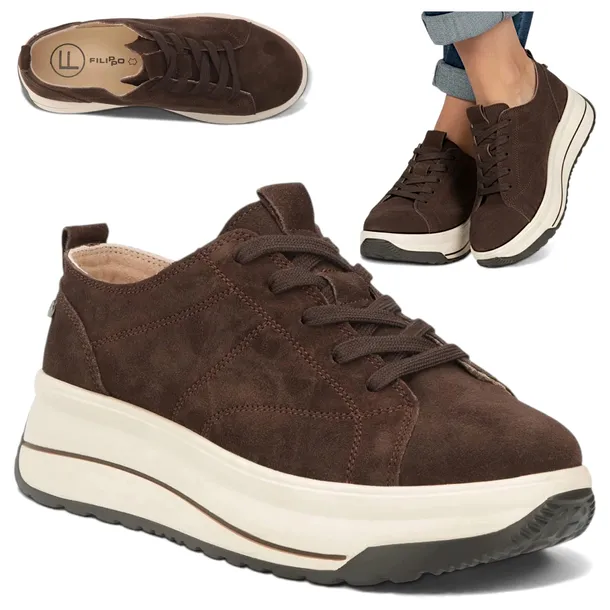 Sneakersy Damskie SKÓRZANE FILIPPO Sznurowane Półbuty na Platformie Brąz 38
