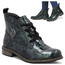 damskie-botki-rieker-39-cieple-buty-lakierowane-zielone-sznurowane-jesien