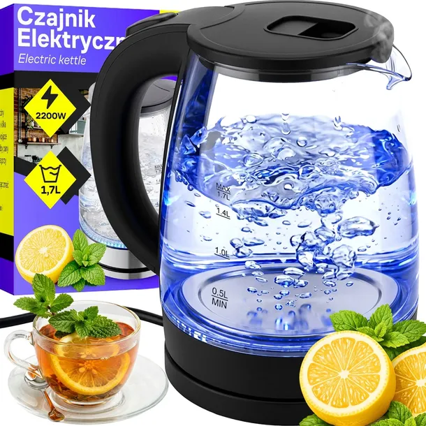 CZAJNIK ELEKTRYCZNY SZKLANY BEZPRZEWODOWY PODŚWIETLANY LED 1,7L 2200W MOCNY