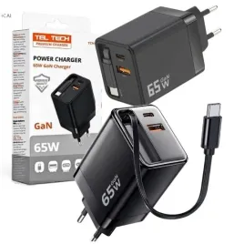 teltech-ladowarka-sieciowa-gan-usb-usb-c-kabel-usb-c-65w-65w-pd-czarny