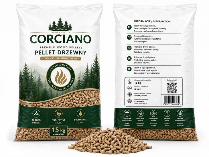Pellet drzewny IGLASTY drewniany Corciano Opał zimowy Paleta 750kg worek 15