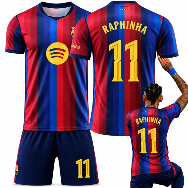 KOMPLET PIŁKARSKI KOSZULKA RAPHINHA FC BARCELONA ROZMIARY