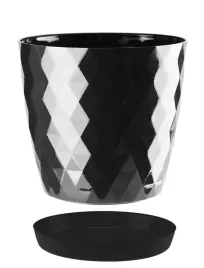 doniczka-oslonka-plastikowa-z-podstawka-16-cm-czarny-polysk-wzor-karo-romby