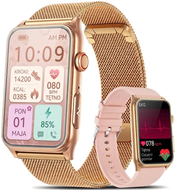 SMARTWATCH DAMSKI ZEGAREK EKG POMIAR CUKRU CIŚNIENIA STRESU ROZMOWY 2 PASKI