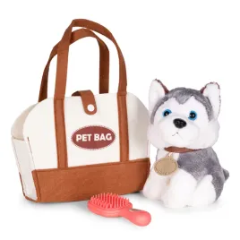 pluszowy-piesek-w-torebce-husky-maskotka-dla-dziecka-szczotka-do-pielegna