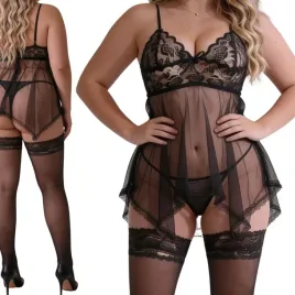 czarny-komplet-bielizny-babydoll-seksowna-ponczochy-duze-rozmiary-xxl-xxxl
