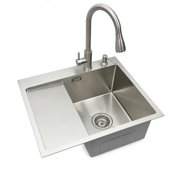 Zlewozmywak stalowy z ociekaczem inox 5849R + Dozownik + Bateria GRACO