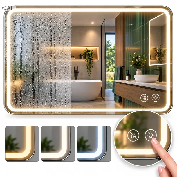 Lustro Łazienkowe Podświetlane LED 3 barwy 80x60 cm z Funkcją ANTYPARY