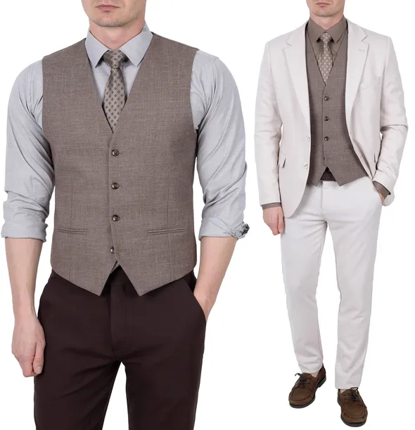 Elegancka Męska Kamizelka Brązowy Melanż Wizytowa garnitur i jeans - 56