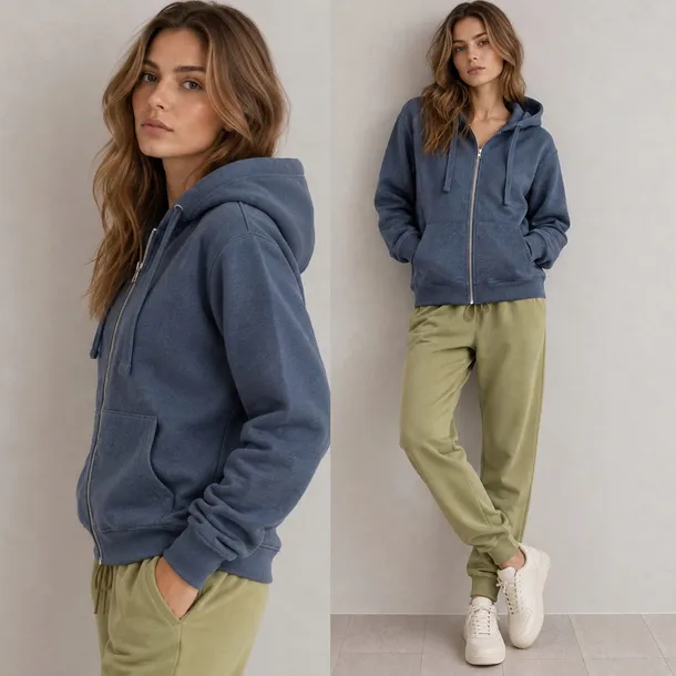 Bluza Damska z Kapturem z Bawełną Rozpinana z Kieszeniami Niebieska XL