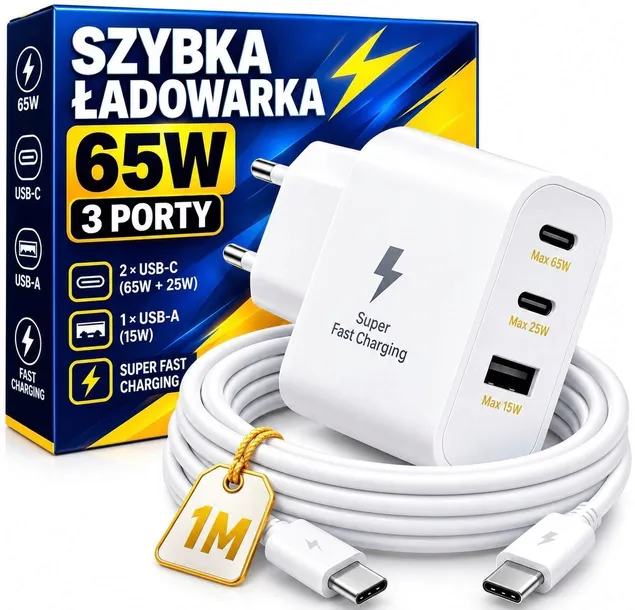 SZYBKA ŁADOWARKA 65W SIECIOWA KABEL ZESTAW TYP C 1M PD 2 x USB-C USB-A QC