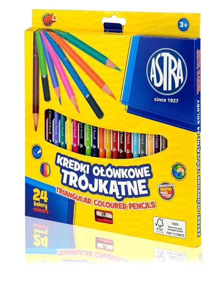 Kredki ołówkowe trójkątne Astra vision 24 kolory+ TEMPERÓWKA